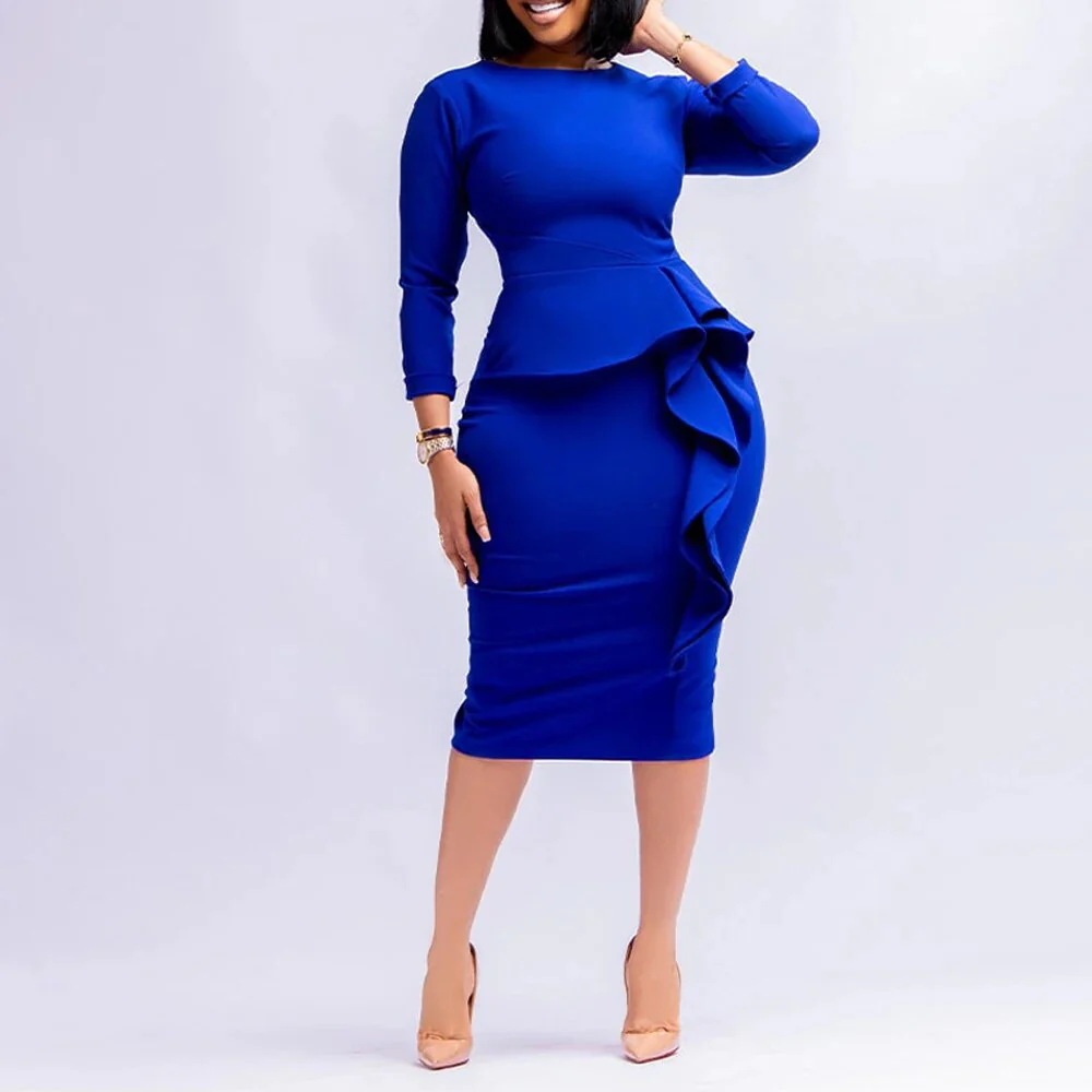 2022 New Arrivals Women African Church Party Dresses Elegant Fashion Long Sleeve Ruffles Knee Length Midi Bodycon Pencil Dress - Image 2