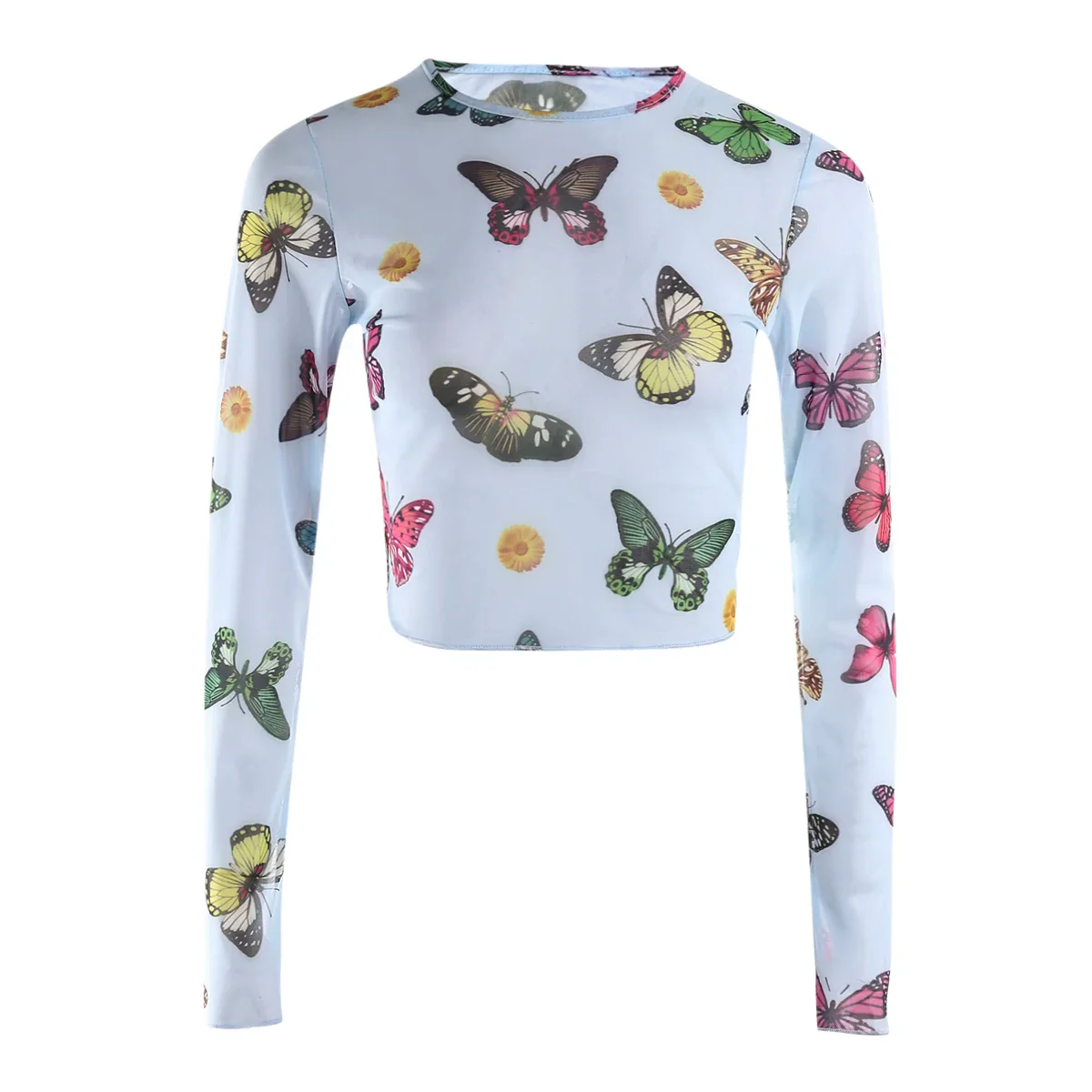 2022 New Fashion Women Fitness T-shirts Summer Print Mesh Sheer Sexy Tee Shirts Long Sleeve See Through Club Tops - Image 13