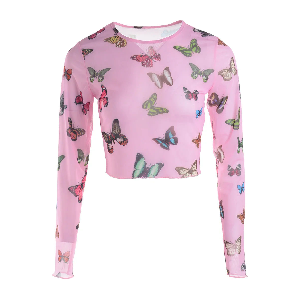 2022 New Fashion Women Fitness T-shirts Summer Print Mesh Sheer Sexy Tee Shirts Long Sleeve See Through Club Tops - Image 17