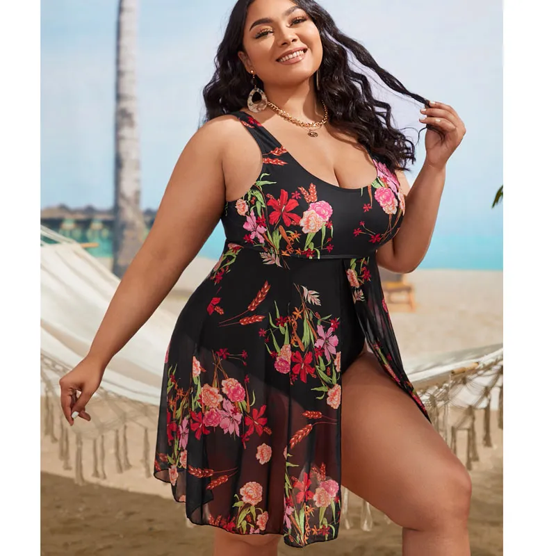 2022 New Large Size 8XL Women modest Swim Dresses Flower Printing Plus-Size Swimsuit Padded One Piece Swimwear Bathing Suits - Image 3