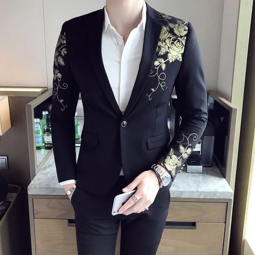 2022 New Luxury Gold Print Blazer Slim Fit Men Party Wedding Dress Black Suit Jacket - Image 2