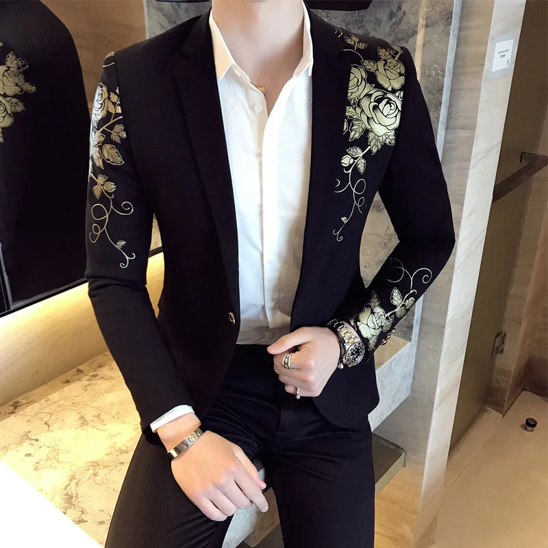 2022 New Luxury Gold Print Blazer Slim Fit Men Party Wedding Dress Black Suit Jacket - Image 4