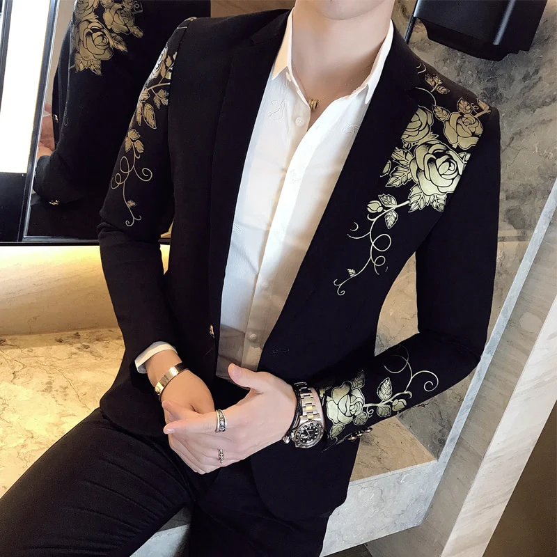 2022 New Luxury Gold Print Blazer Slim Fit Men Party Wedding Dress Black Suit Jacket - Image 5