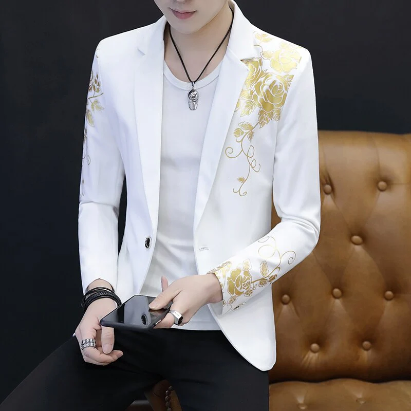 2022 New Men's Fashion Gold Print Groom Wedding Dress Suits Jackets Male Casual Blazer - Image 3
