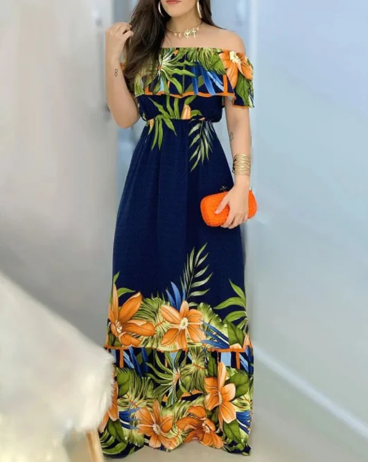 2022 New Summer Off Shoulder Tropical Print Dress - Image 2