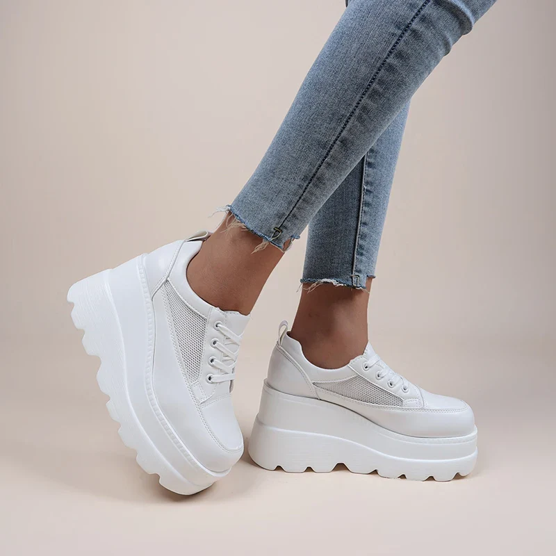 2022 NEW White Wedge Sneakers Shoes Platform Breathable Hollow Shoes Chunky Platform Heel Pumps Shoes Women Heels - Image 4