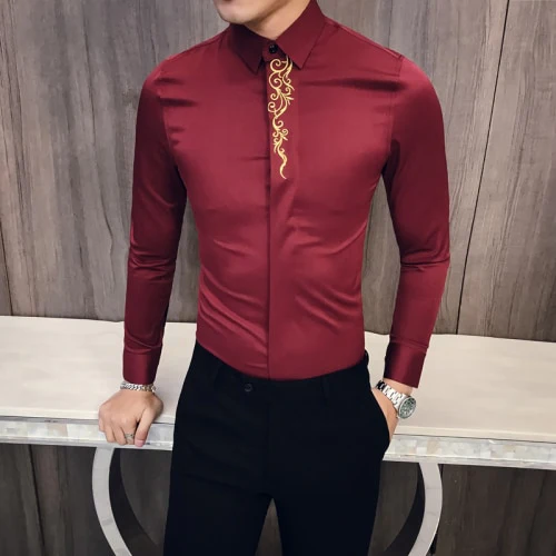 2022 Spring Men's Vintage Embroidered Shirt Long Sleeve Slim Social Club - Image 4