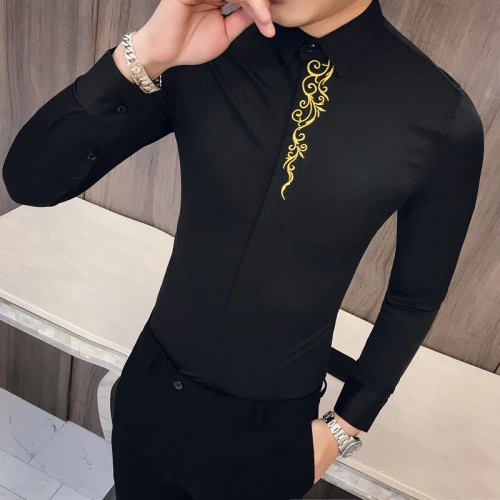 2022 Spring Men's Vintage Embroidered Shirt Long Sleeve Slim Social Club - Image 5
