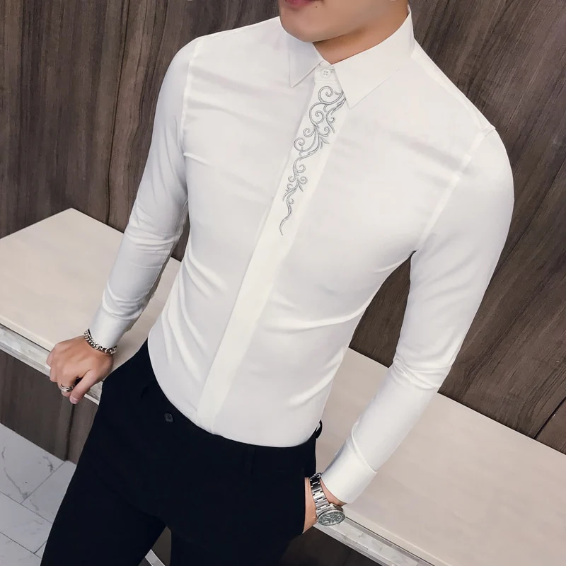 2022 Spring Men's Vintage Embroidered Shirt Long Sleeve Slim Social Club - Image 6