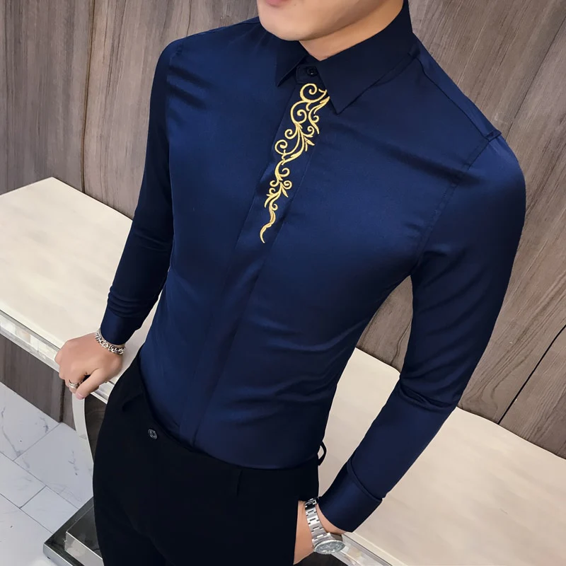 2022 Spring Men's Vintage Embroidered Shirt Long Sleeve Slim Social Club - Image 9