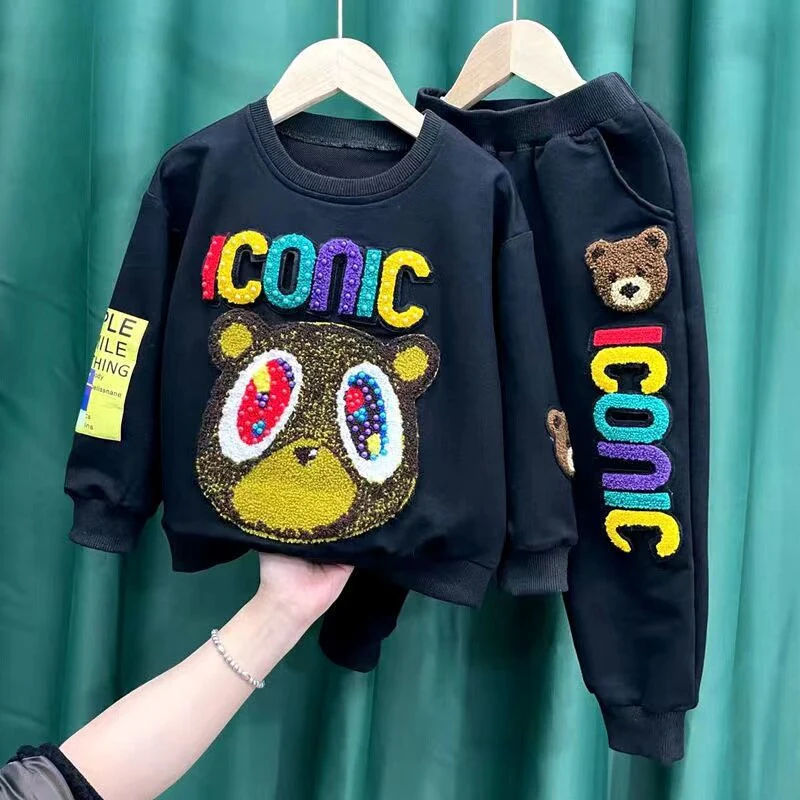 2022 Suit Set Beading Spring Autumn Baby Girls Boy Causal Cotton Cartoon Bear Top +Pants - Image 7