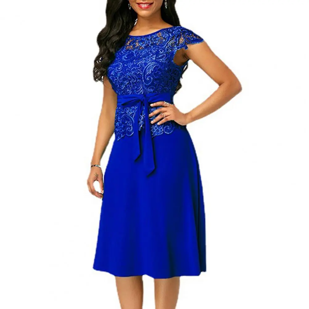 2022 Summer Formal Dress Women Fashion Bow Lace Maxi Dress with Belt Short Sleeve A-Line Dress Solid Knee Length Party Dress