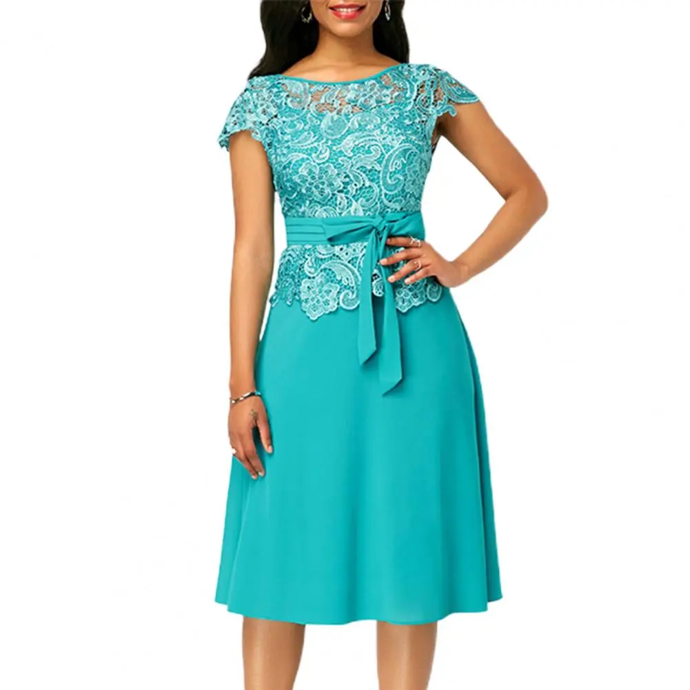 2022 Summer Formal Dress Women Fashion Bow Lace Maxi Dress with Belt Short Sleeve A-Line Dress Solid Knee Length Party Dress - Image 2