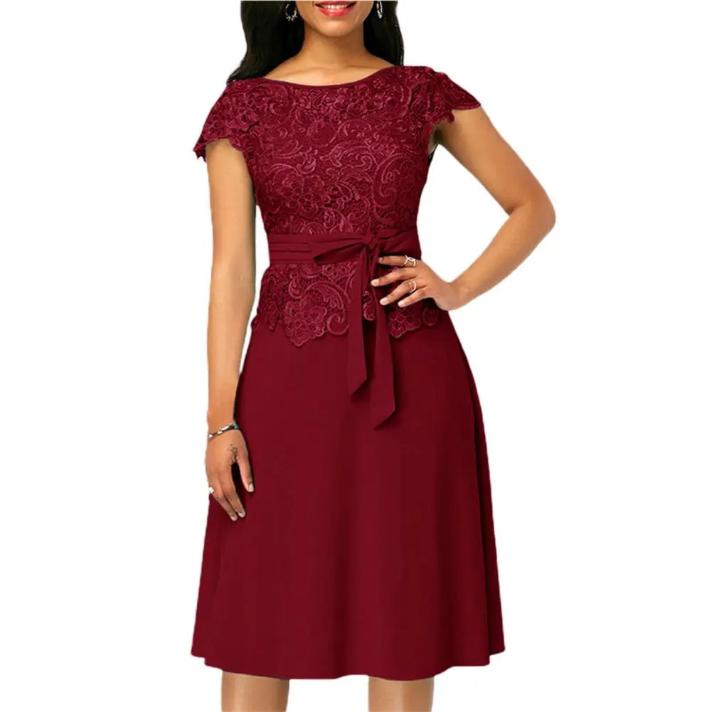 2022 Summer Formal Dress Women Fashion Bow Lace Maxi Dress with Belt Short Sleeve A-Line Dress Solid Knee Length Party Dress - Image 3