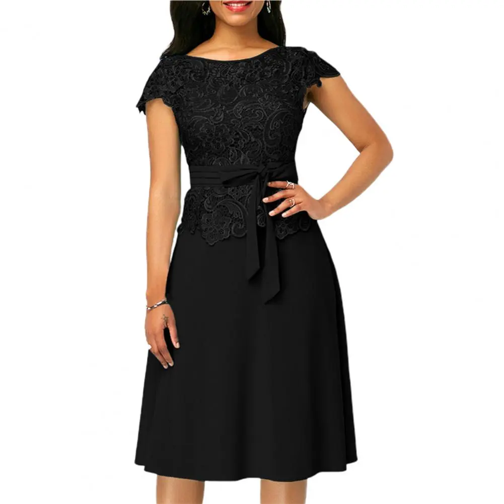 2022 Summer Formal Dress Women Fashion Bow Lace Maxi Dress with Belt Short Sleeve A-Line Dress Solid Knee Length Party Dress - Image 4