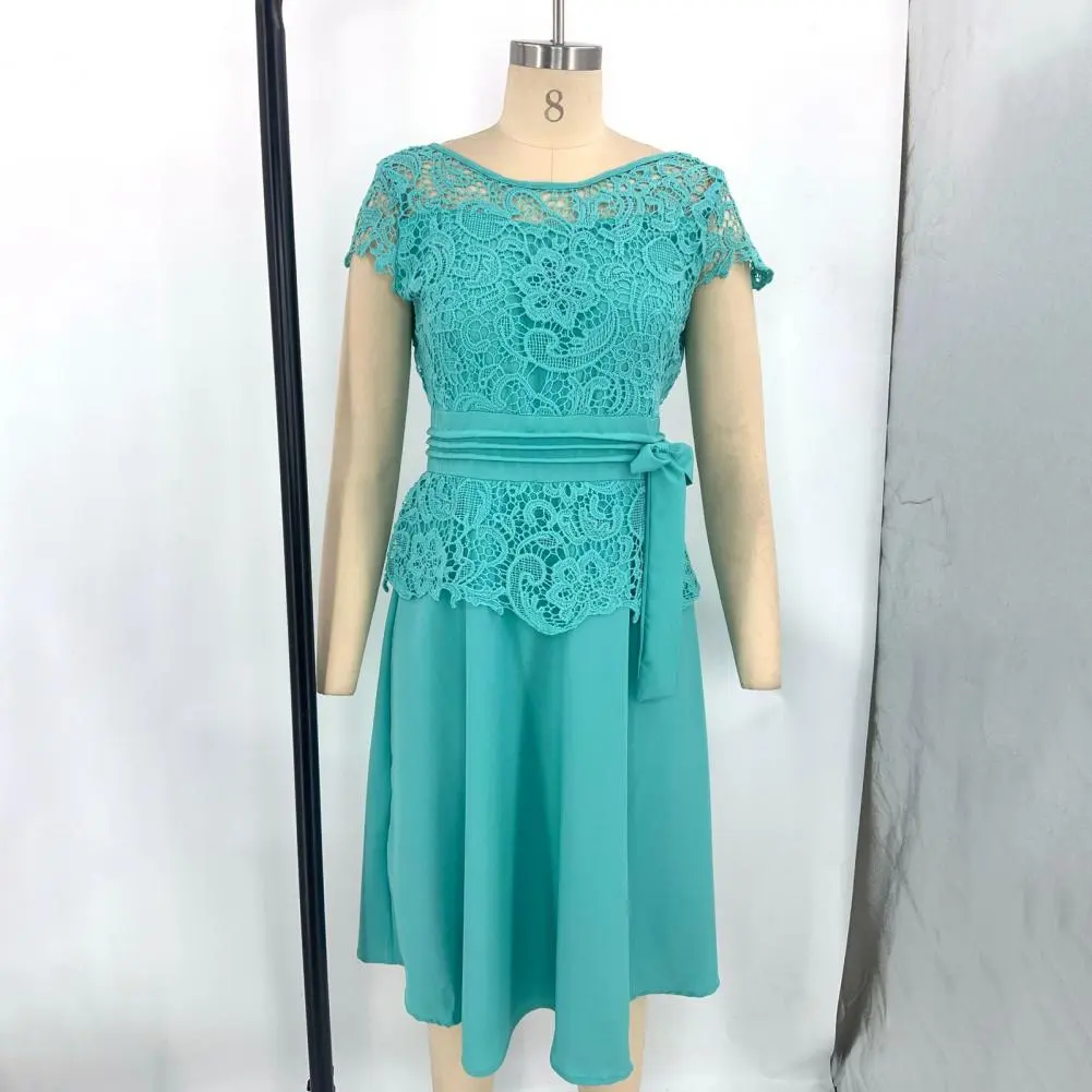 2022 Summer Formal Dress Women Fashion Bow Lace Maxi Dress with Belt Short Sleeve A-Line Dress Solid Knee Length Party Dress - Image 5
