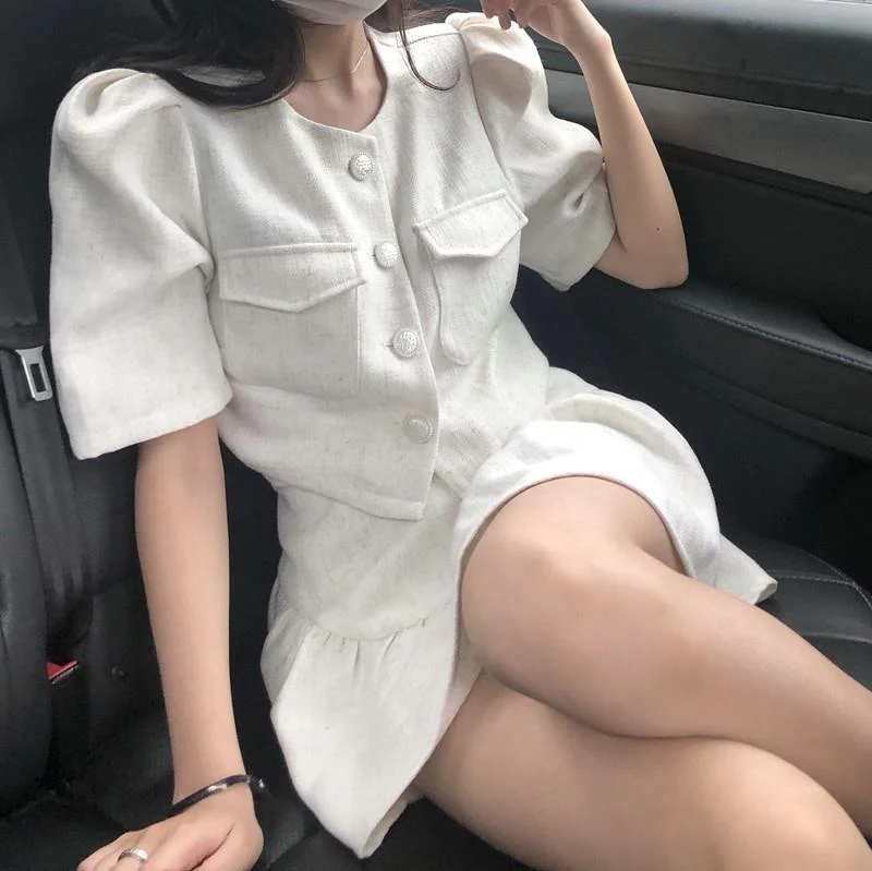 2022 Summer New Fashion Light Luxury Suit Women Korean Style Puff Sleeve Skirt Suit - Image 2