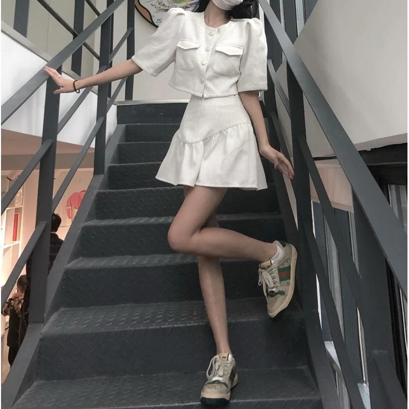 2022 Summer New Fashion Light Luxury Suit Women Korean Style Puff Sleeve Skirt Suit - Image 3