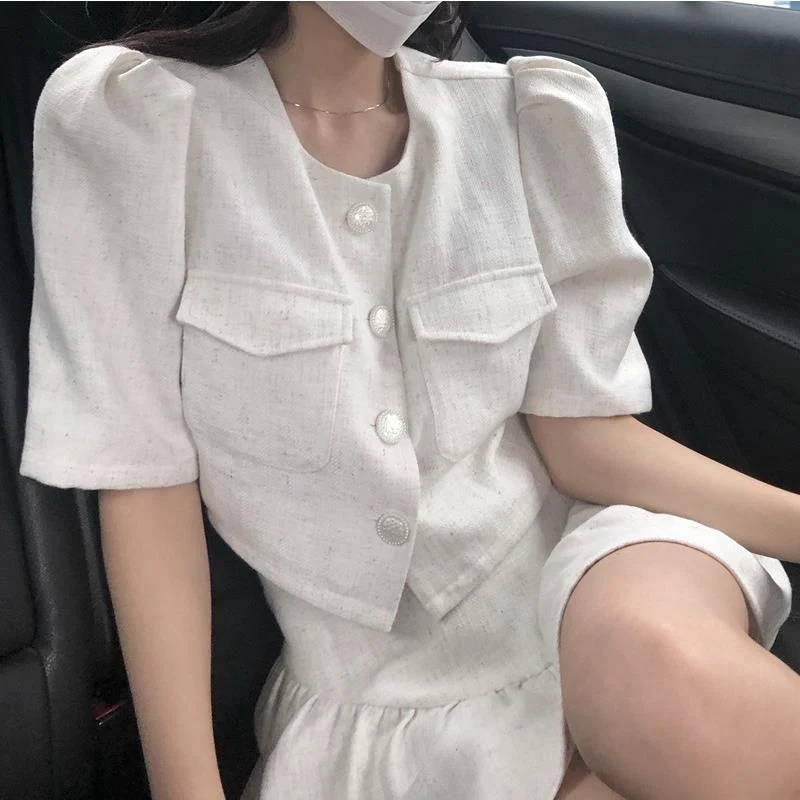 2022 Summer New Fashion Light Luxury Suit Women Korean Style Puff Sleeve Skirt Suit - Image 4