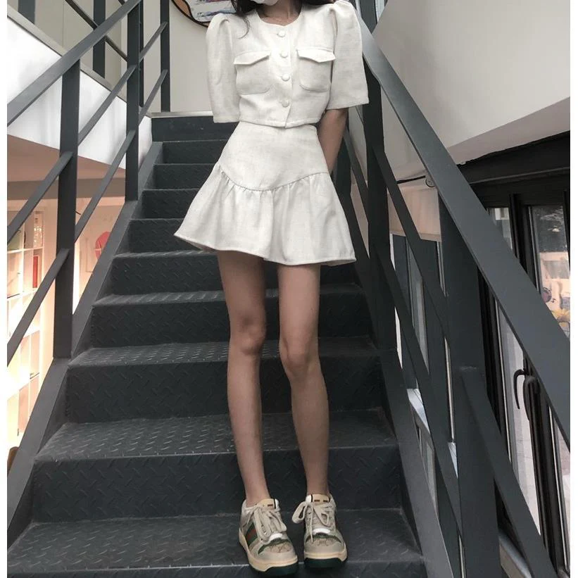 2022 Summer New Fashion Light Luxury Suit Women Korean Style Puff Sleeve Skirt Suit - Image 6