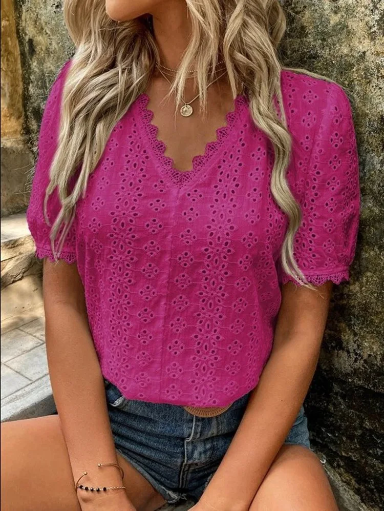 2022 Summer New Office Lady Elegant Fashion Lace Spliced Hollow Solid Shirt V-neck Puff Sleeve Leisure Pullover Blouse Femme - Image 12