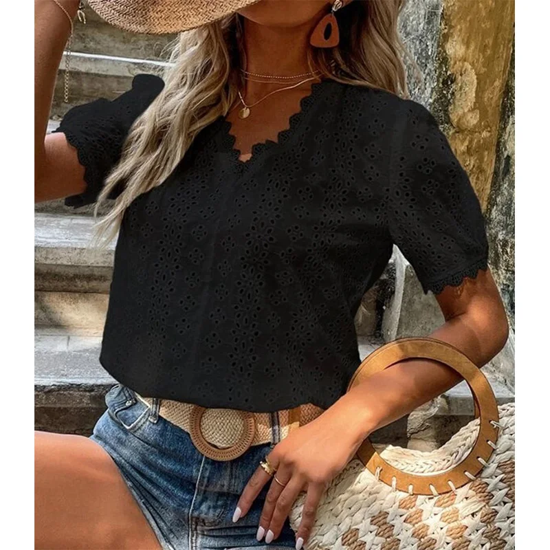 2022 Summer New Office Lady Elegant Fashion Lace Spliced Hollow Solid Shirt V-neck Puff Sleeve Leisure Pullover Blouse Femme - Image 3