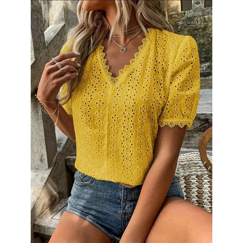 2022 Summer New Office Lady Elegant Fashion Lace Spliced Hollow Solid Shirt V-neck Puff Sleeve Leisure Pullover Blouse Femme - Image 5