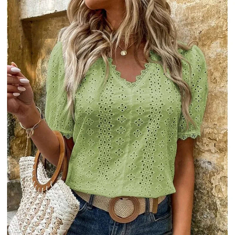 2022 Summer New Office Lady Elegant Fashion Lace Spliced Hollow Solid Shirt V-neck Puff Sleeve Leisure Pullover Blouse Femme - Image 7