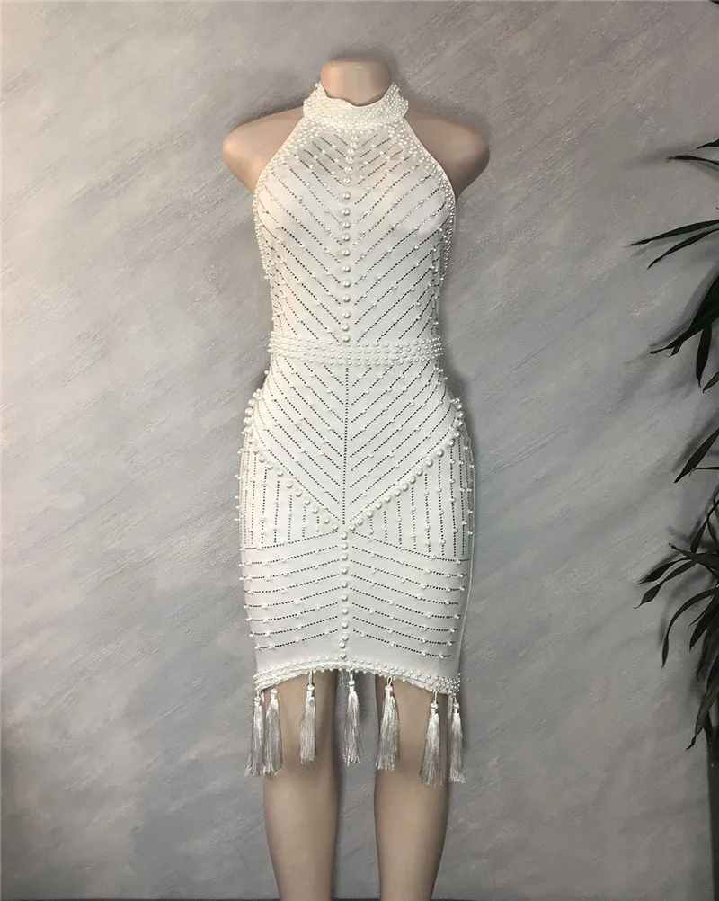 2022 White Black Tassel Beaded Sexy Sleeveless Cocktail Party Dresses For Women Summer Fashion Backless Dinner Club Midi Dress - Image 2