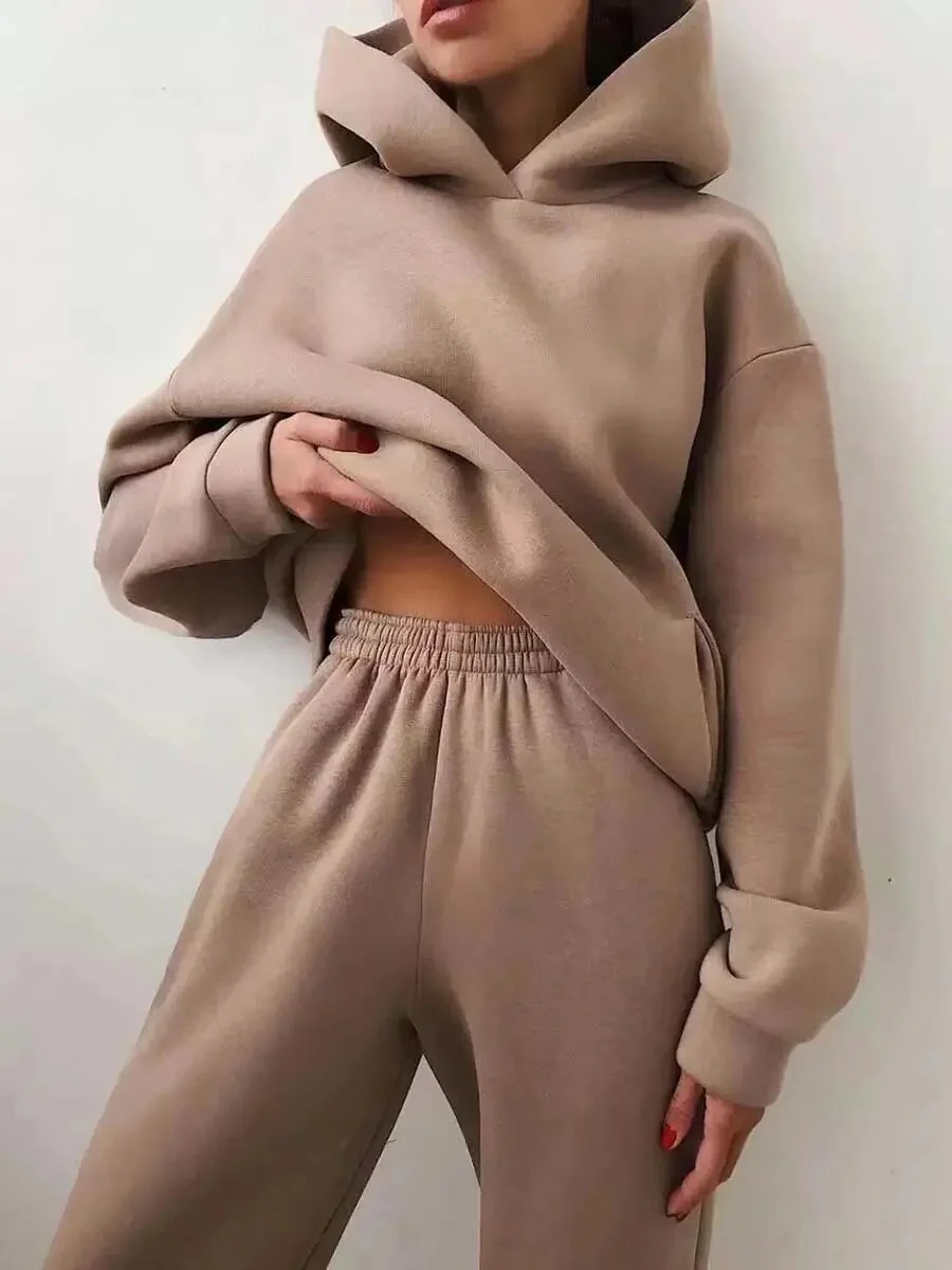 2022 Winter Women Two Piece Sets Tracksuit Autumn Casual Solid Long Sleeve Hoodie Sweatshirts Female Oversized Trouser Pant Suit - Image 12