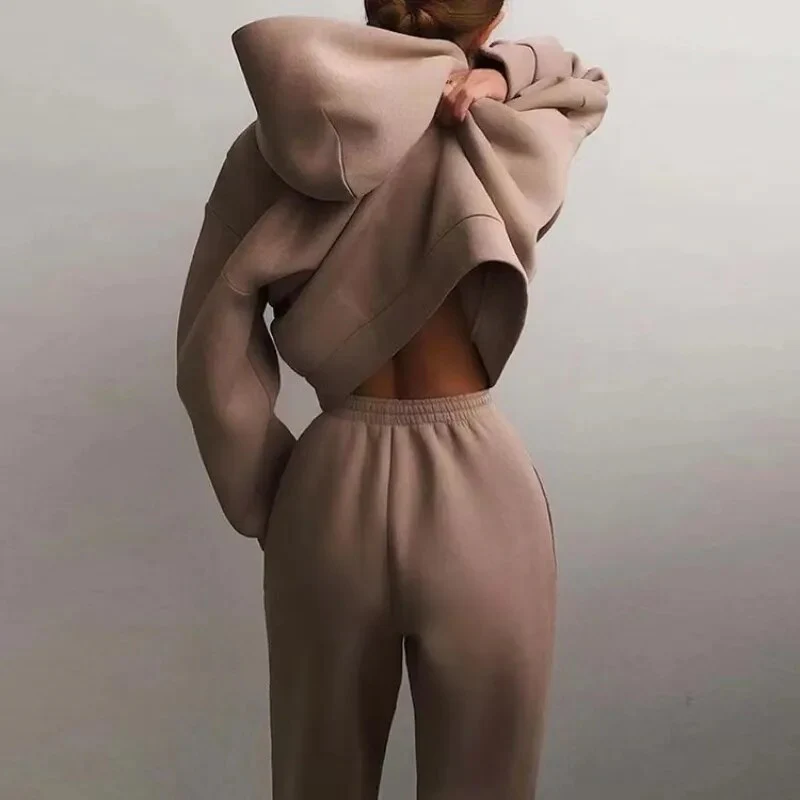 2022 Winter Women Two Piece Sets Tracksuit Autumn Casual Solid Long Sleeve Hoodie Sweatshirts Female Oversized Trouser Pant Suit - Image 2