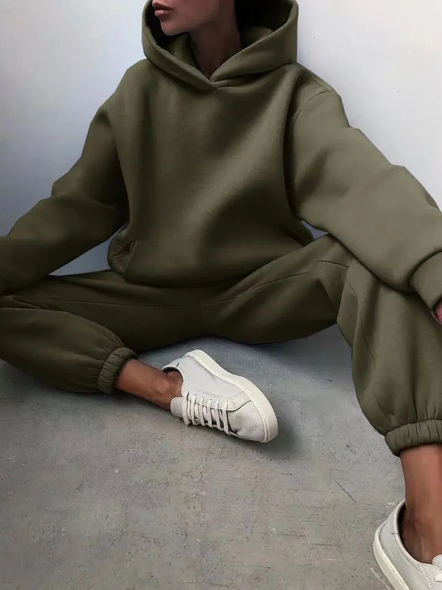 2022 Winter Women Two Piece Sets Tracksuit Autumn Casual Solid Long Sleeve Hoodie Sweatshirts Female Oversized Trouser Pant Suit - Image 4