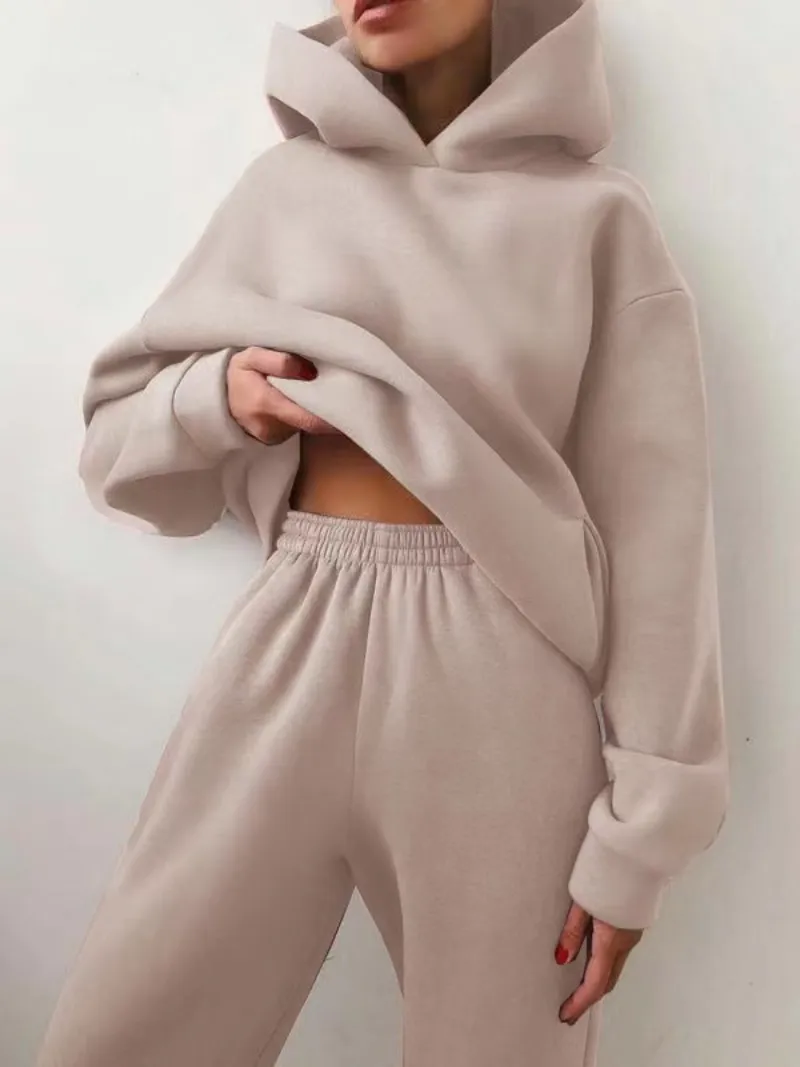 2022 Winter Women Two Piece Sets Tracksuit Autumn Casual Solid Long Sleeve Hoodie Sweatshirts Female Oversized Trouser Pant Suit - Image 6