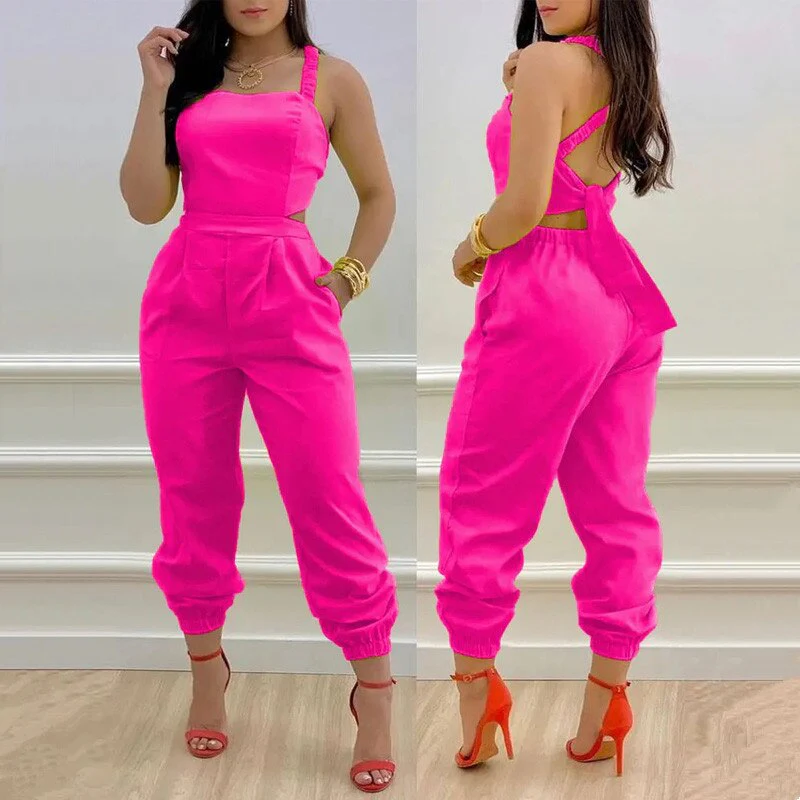 Sexy 2022 Women Chic Casual Jumpsuits One Piece Plants Print Criss Cross Tied Backless - Image 2