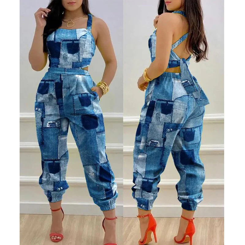 Sexy 2022 Women Chic Casual Jumpsuits One Piece Plants Print Criss Cross Tied Backless - Image 3