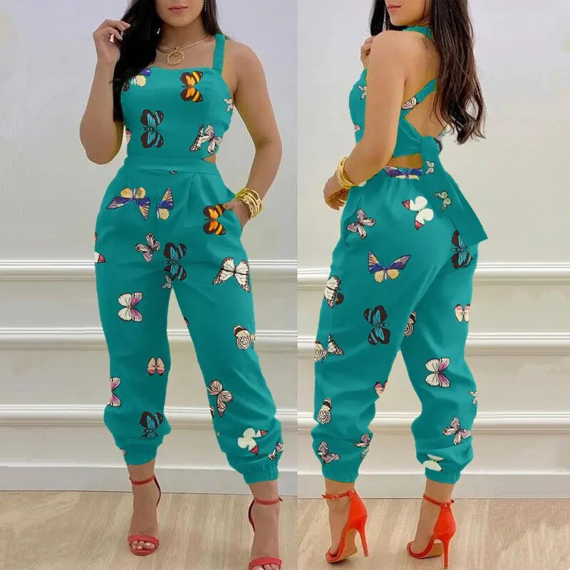 Sexy 2022 Women Chic Casual Jumpsuits One Piece Plants Print Criss Cross Tied Backless - Image 5