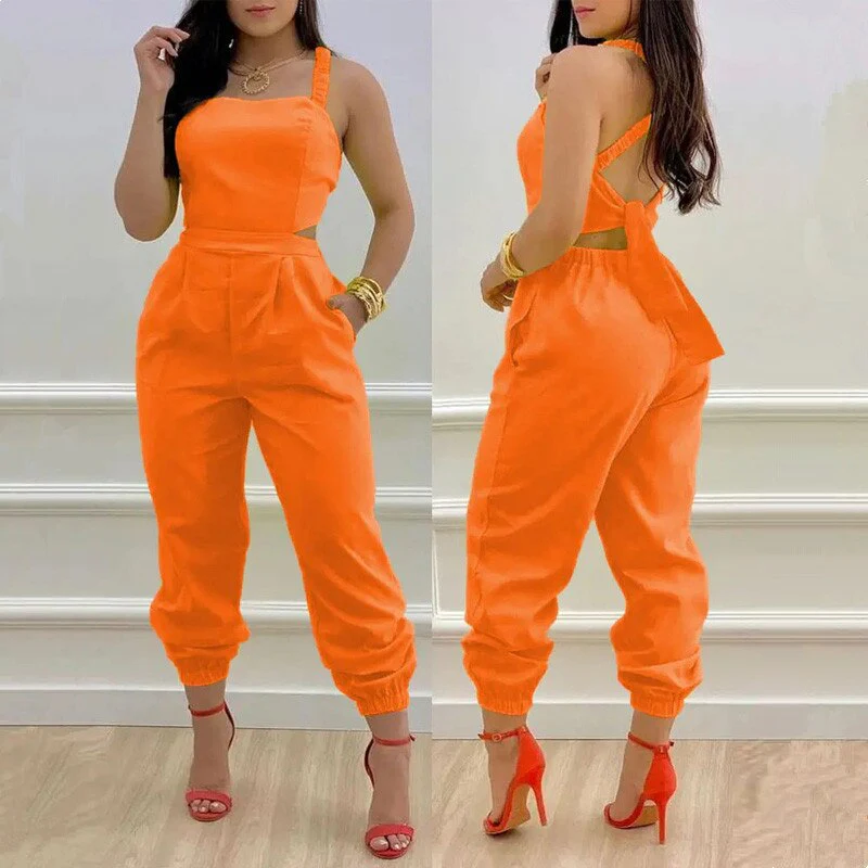 Sexy 2022 Women Chic Casual Jumpsuits One Piece Plants Print Criss Cross Tied Backless - Image 7