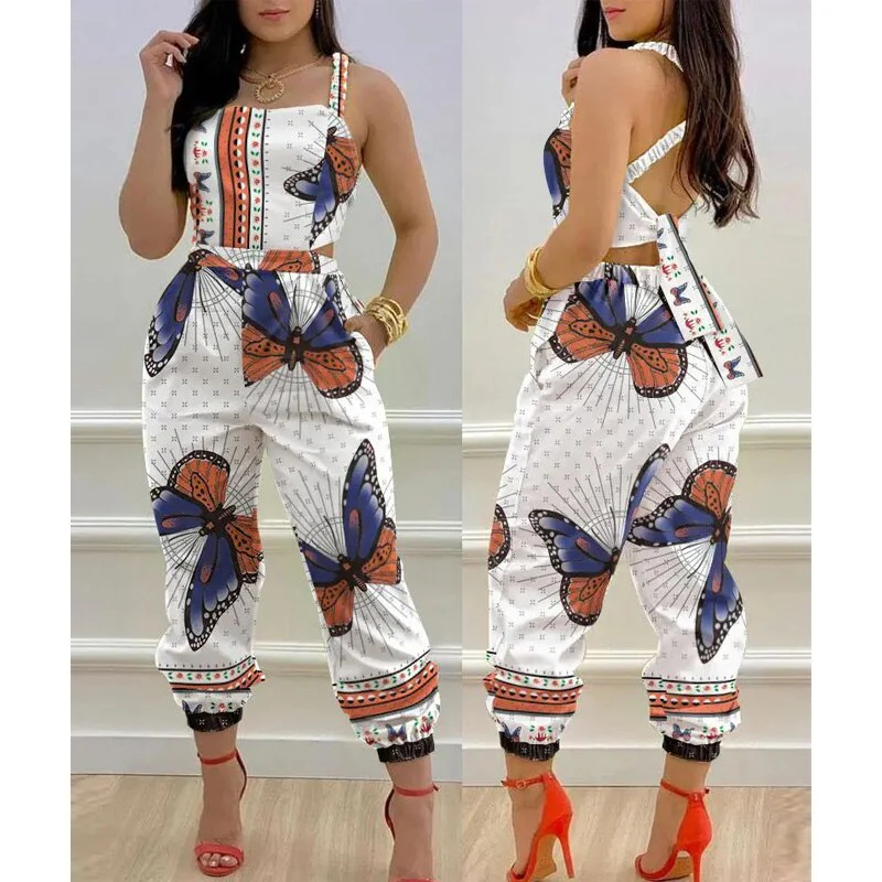 Sexy 2022 Women Chic Casual Jumpsuits One Piece Plants Print Criss Cross Tied Backless - Image 9