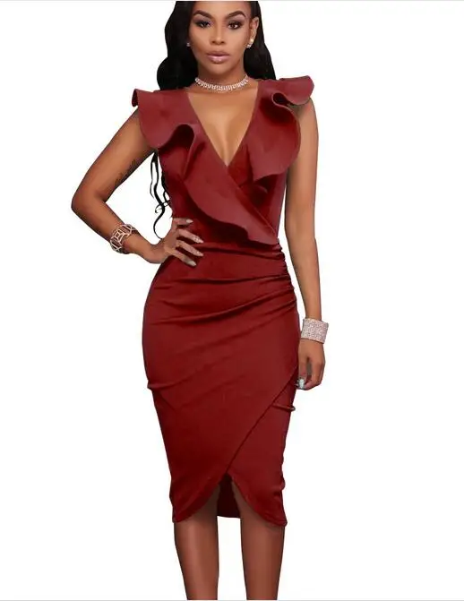 2022 Women Summer Dress Sexy Sleeveless V Neck Knee-Length  Party Dresses Ladies Ruffles Bodycon Slim Midi Club Vestidos - Image 11