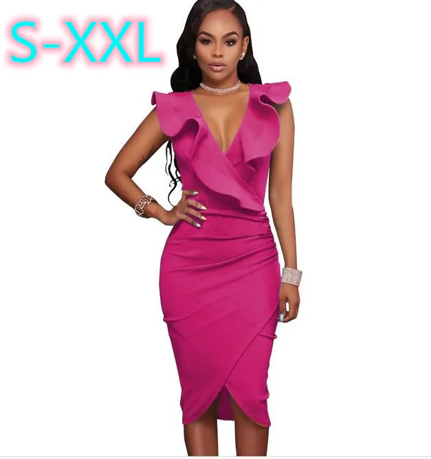 2022 Women Summer Dress Sexy Sleeveless V Neck Knee-Length  Party Dresses Ladies Ruffles Bodycon Slim Midi Club Vestidos - Image 12
