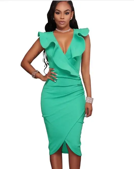 2022 Women Summer Dress Sexy Sleeveless V Neck Knee-Length  Party Dresses Ladies Ruffles Bodycon Slim Midi Club Vestidos - Image 13