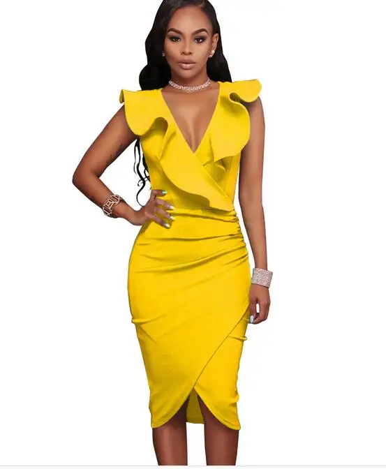 2022 Women Summer Dress Sexy Sleeveless V Neck Knee-Length  Party Dresses Ladies Ruffles Bodycon Slim Midi Club Vestidos - Image 3