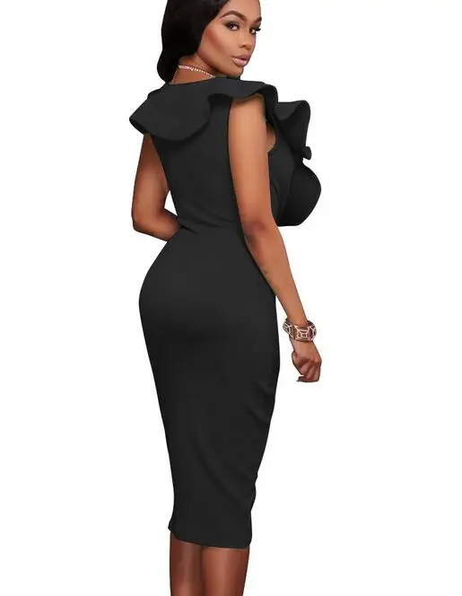 2022 Women Summer Dress Sexy Sleeveless V Neck Knee-Length  Party Dresses Ladies Ruffles Bodycon Slim Midi Club Vestidos - Image 7