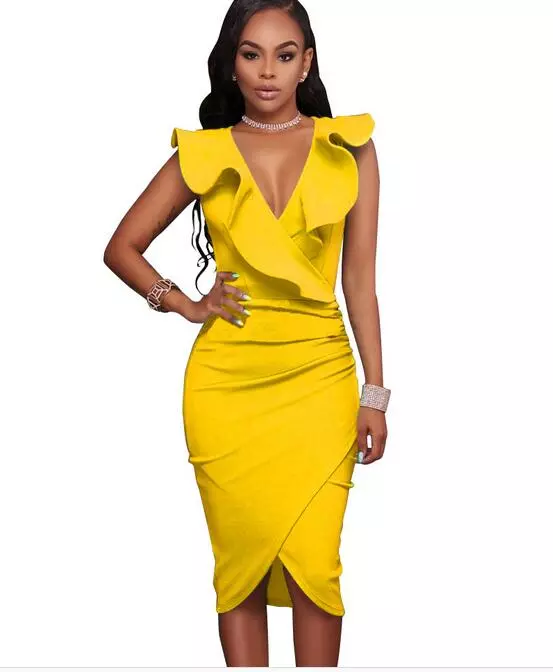 2022 Women Summer Dress Sexy Sleeveless V Neck Knee-Length  Party Dresses Ladies Ruffles Bodycon Slim Midi Club Vestidos - Image 9