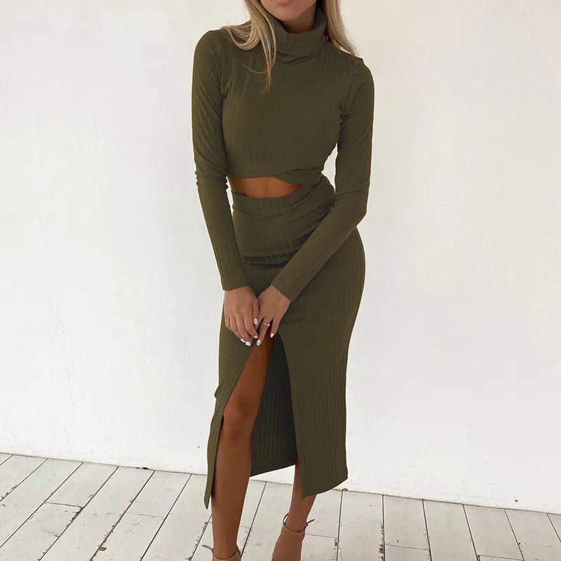 2022 Women's Solid Color Knitted Ribbed Cross Short Top and Split Skirt Suit Split Pleated Skirt Long Sleeve Suit Ladies Autumn - Image 2