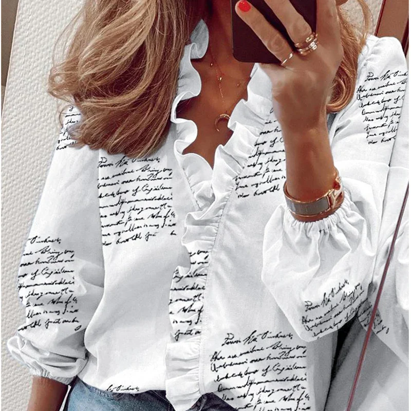 2023 Autumn Casual Ruffles Ladies Shirt Office Lady Blouses Women Floral Long Sleeve Loose Female White Clothing Blusas 18246 - Image 5