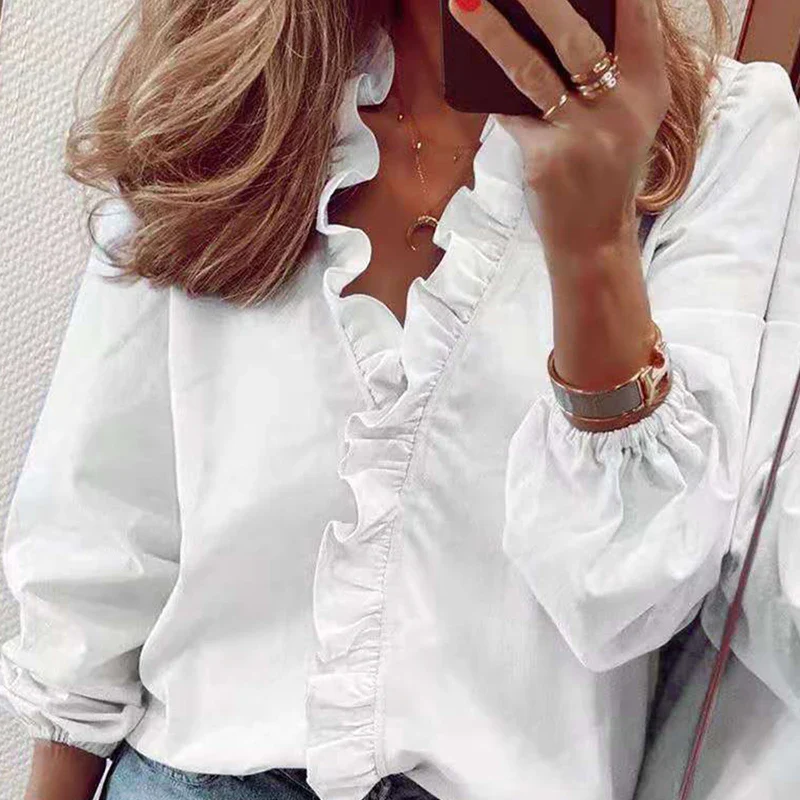 2023 Autumn Casual Ruffles Ladies Shirt Office Lady Blouses Women Floral Long Sleeve Loose Female White Clothing Blusas 18246 - Image 9