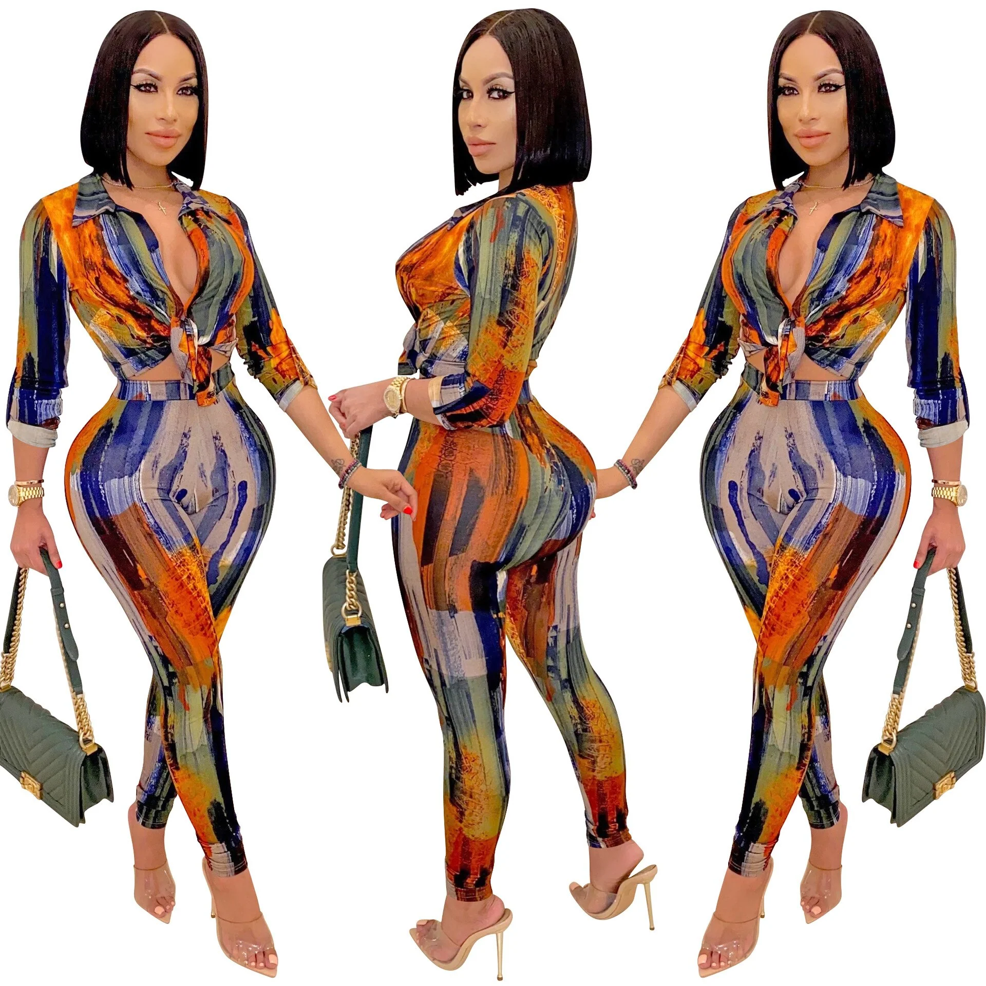 2023 Sexy Autumn Elegant African Women Long Sleeve V-neck Polyester Two Pieces Sets Top and Long Pant - Image 3