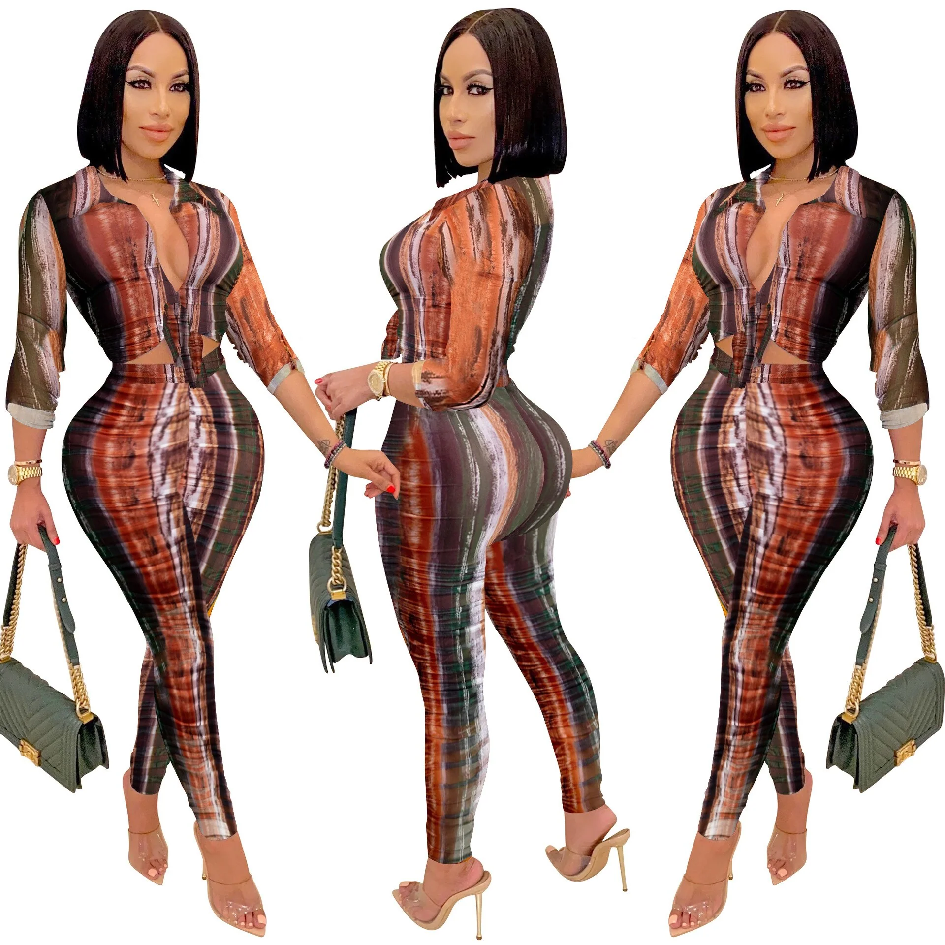 2023 Sexy Autumn Elegant African Women Long Sleeve V-neck Polyester Two Pieces Sets Top and Long Pant - Image 4