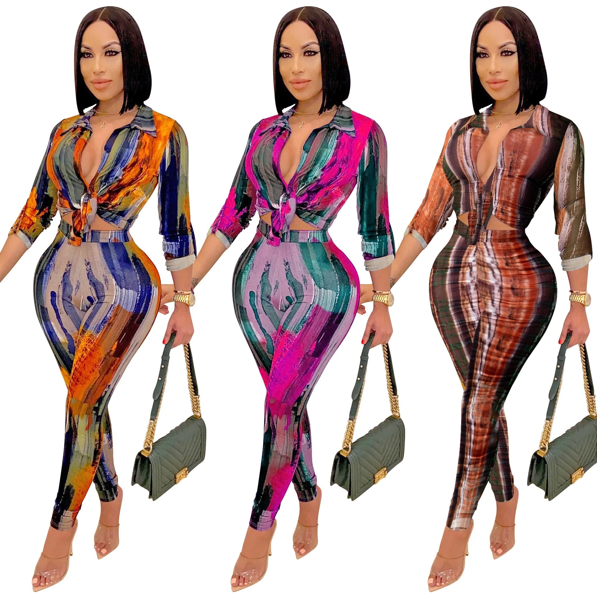 2023 Sexy Autumn Elegant African Women Long Sleeve V-neck Polyester Two Pieces Sets Top and Long Pant - Image 5